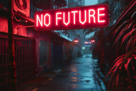 neon sign with words NO FUTURE in dystopian post-AI cyberpunk setting backalley. Neural network generated image. Not based on any actual scene or pattern.