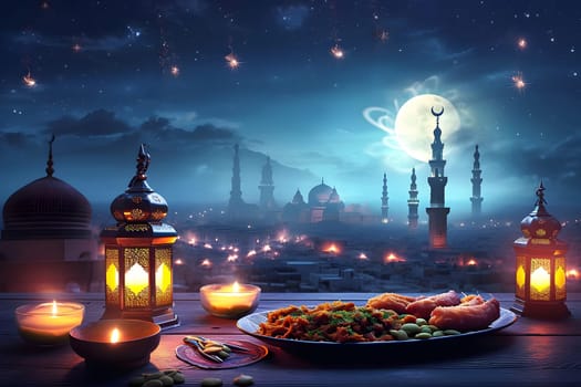 iftar food on table with Ramadan mosque at sunset with beautiful sky background, neural network generated image. Neural network generated in January 2024. Not based on any actual scene or pattern.