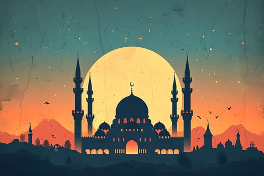 Ramadan mosque with night afterglow sky with full moon. Neural network generated in January 2024. Not based on any actual scene or pattern.