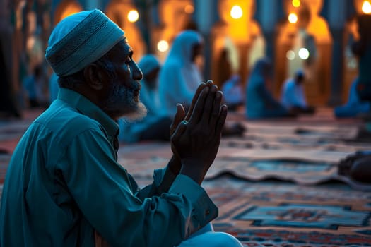 Senior Muslim prayer in white clothes sitting in front of mosque at Ramadan night with selective focus. Neural network generated in January 2024. Not based on any actual scene or pattern.