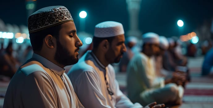 Muslim prayers in white clothes sitting in front of mosque at Ramadan night with selective focus. Neural network generated in January 2024. Not based on any actual scene or pattern.