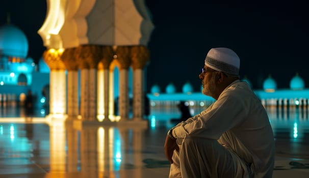 Senior Muslim prayer in white clothes sitting in front of mosque at Ramadan night with selective focus. Neural network generated in January 2024. Not based on any actual scene or pattern.