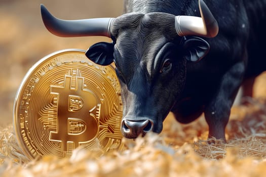 Bull with bitcoin. Bullish trend concept. Neural network generated image. Not based on any actual person or scene.