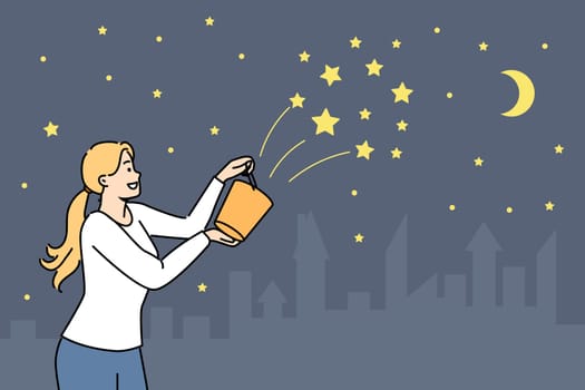 Woman pours stars into sky from yellow bucket, wanting to see beautiful night landscape and fantasizing about own positive contribution to environment. Cheerful girl decorates firmament with new stars
