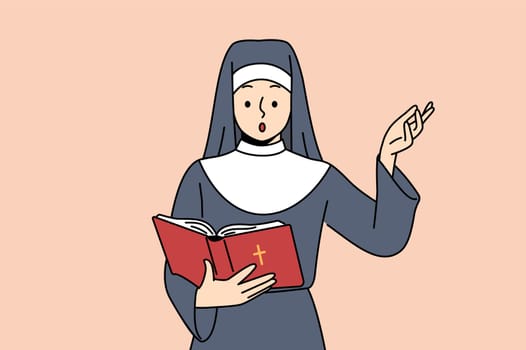 Surprised nun reads bible or old testament and raises hand in surprise after learning history of emergence christianity. Shocked female church minister holding bible book, seeing lines needing change