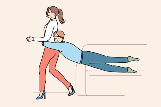 Guy is trying to hold back wife wants to get divorce or go to party on own, and grabs girl while sliding off sofa. Girl wants divorce after family quarrel and lack of courage in boyfriend