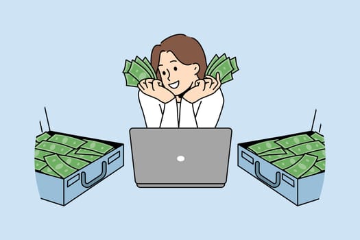 Rich woman freelancer with laptop and money in suitcases has earned lot thanks to productive work on internet. Successful freelancer girl receiving huge income for services of online marketer
