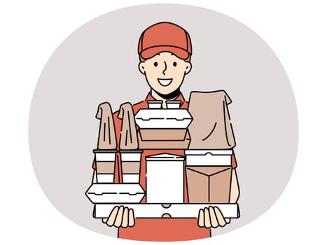 Smiling male courier with boxes in hands show good quality service. Happy deliveryman in uniform deliver order to customer. Vector illustration.