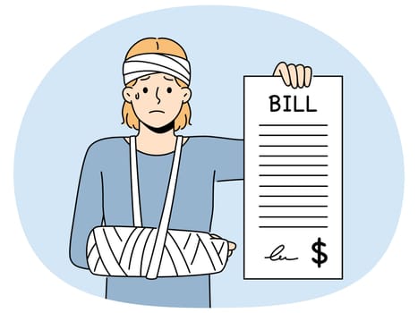 Unhappy crying woman with hand in cast show long expensive medical check. Upset girl demonstrate hospital bill. Healthcare and medicine expenses. Vector illustration.