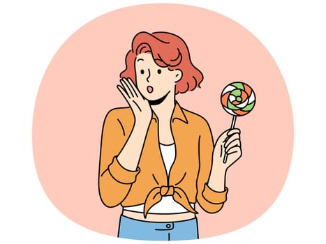 Woman in retro style holding lollipop in hands. Female in pin-up outfit with candy in hands. Vintage fashion concept. Vector illustration.
