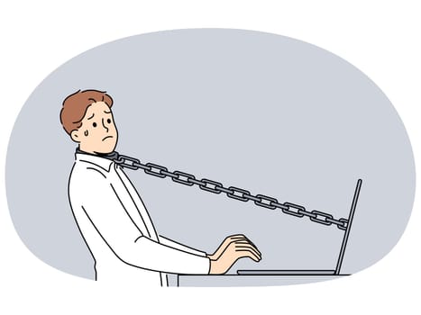 Stressed male employee tied with chain to computer in office. Unhappy man worker attached to laptop struggle with stressful job. Vector illustration.