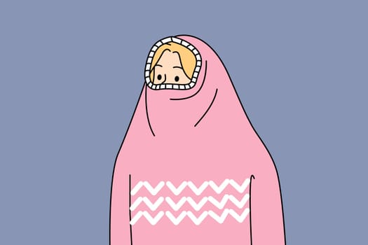 Woman hides face under sweater to keep warm in cold winter weather and not get flu. Shy girl with sweater pulled over head experiences social phobia caused by psychological trauma.