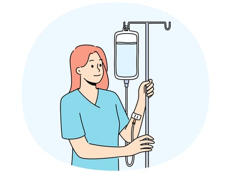 Happy woman with intravenous saline drip in hospital. Smiling female patient receive medication and treatment in clinic. Healthcare. Vector illustration.