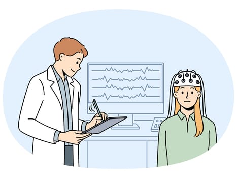 Woman patient do EEG scan in hospital. Male doctor examine woman client in neurology clinic. Neurological checkup and examination. Vector illustration.