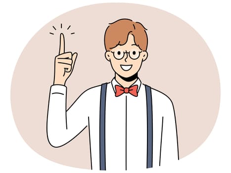 Smiling man in glasses point finger up make decision. Happy male in eyewear develop creative idea, brainstorm get bright answer. Vector illustration.
