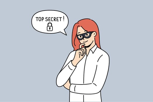 Woman corporate spy with mask on face is thinking about how to steal sensitive information with top secret status. Corporate spy girl infiltrated company to find out commercial data.