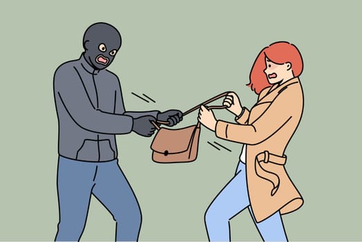 Masked robber takes bag from frightened woman who screams for help from police and does not want to give up personal belongings to criminal. Robber steals handbag, wanting victim wallet and phone.