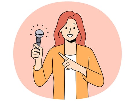 Smiling woman point at microphone holding in hands. Happy female singer or performer demonstrate mic in hands. Hobby and entertainment. Vector illustration.