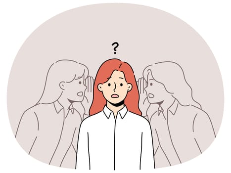 Confused woman listen to inner voice. Frustrated female hear other personalities doubt about decision making. Vector illustration.