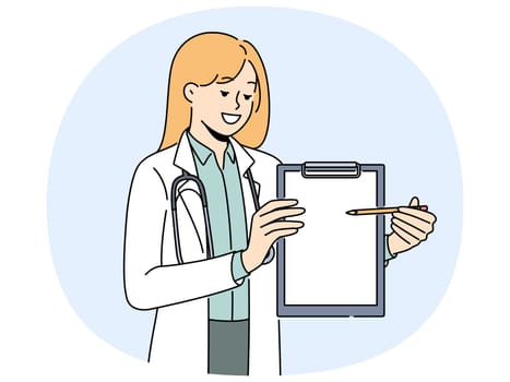 Smiling female doctor in white medical uniform point at blank mockup paper. Happy GP or therapist demonstrate medication prescription. Vector illustration.