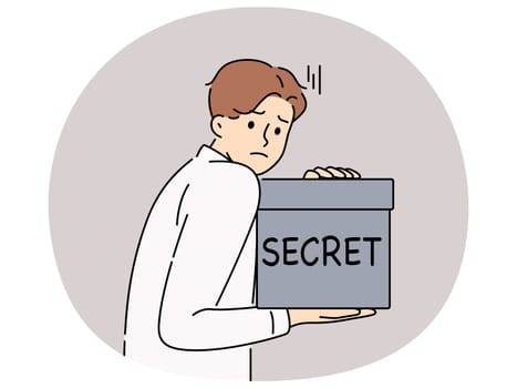 Distressed man holding black box with hidden information. Unhappy frustrated male employee with secret box in hands. Vector illustration.