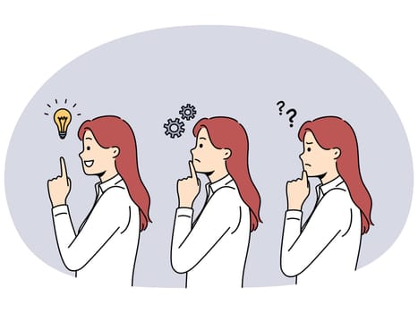 Pensive woman feel confused engaged in thinking process and finding solution to business problem. Concept of solving troubles and brainstorming. Vector illustration.