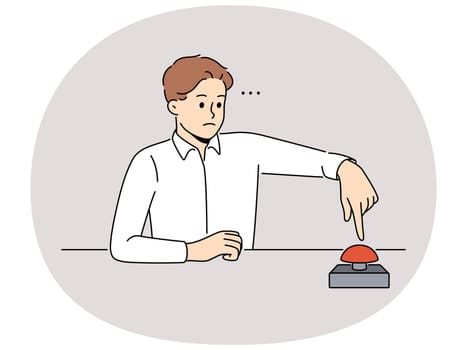 Frustrated man sit at desk push red button. Confused serious male press alert button. Warning or rocket launch. Vector illustration.