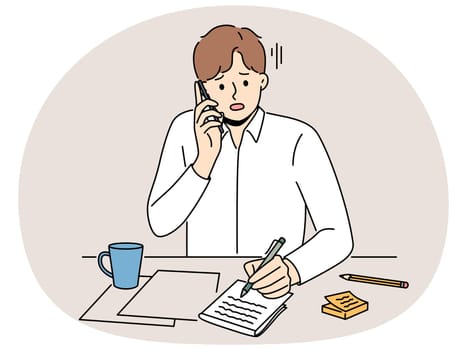 Unhappy man sit at desk talk on phone taking notes. Upset guy feel stressed with news on cellphone handwrite in notebook. Vector illustration.