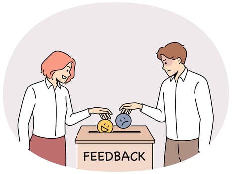 Man and woman throwing emojis into box give positive or negative feedback for service. People like or dislike company service. Vector illustration.