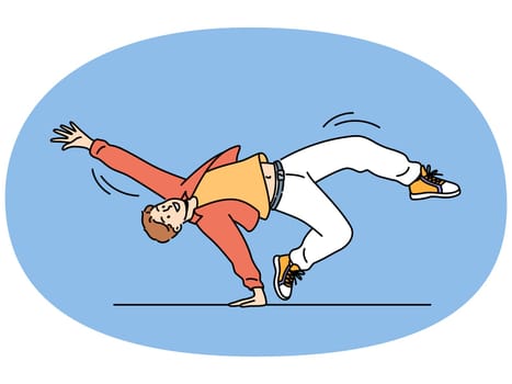Smiling man breakdancing on floor. Happy talented guy have fun engaged in hip hop dance. Hobby and entertainment. Vector illustration.
