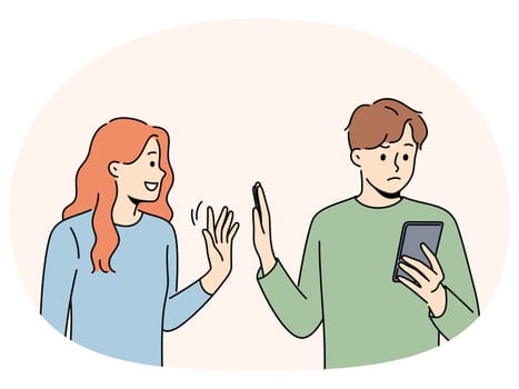 Man reject smiling loving woman showing attention. Busy guy using cellphone avoid and ignore persistent female show interest. Relationship problem. Vector illustration.