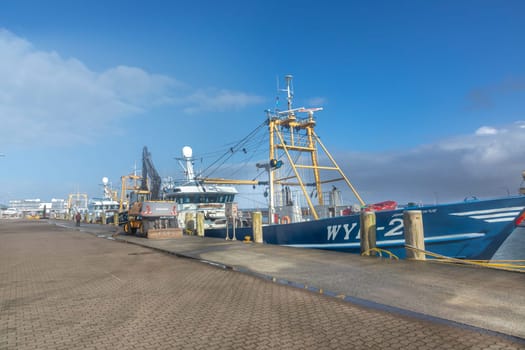 Hoernum, Germany - February 19, 2022: fishing boat in the harbor of Hoernum at the german island of Sylt.
