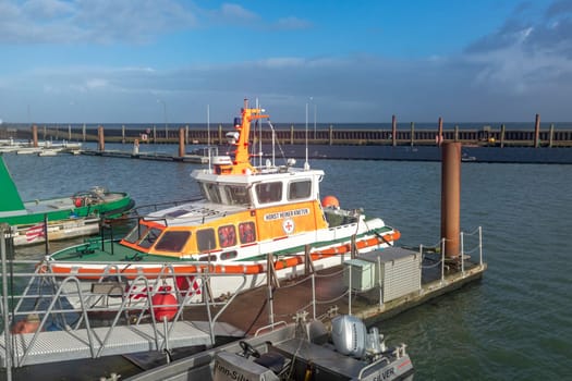 Hoernum, Germany - February 19, 2022: sea rescue ship Horst Heiner Kneten in the harbor of Hoernum at the german island of Sylt.