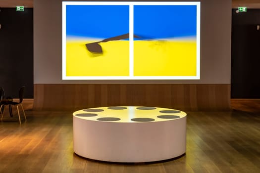 Frankfurt, Germany - April 10, 2022: projection of ukraine Flag in yellow and blue in the film museum in Frankfurt, Germany.