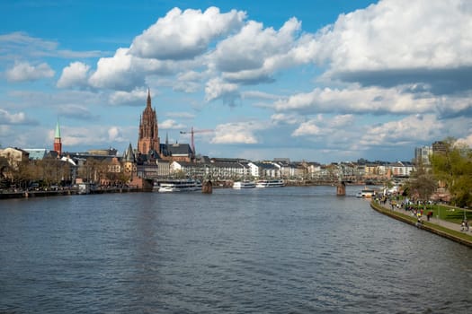 Frankfurt, Germany - April 10, 2022: view from Sachsenhausen to downtown Frankfurt overlooking river Main, Germany