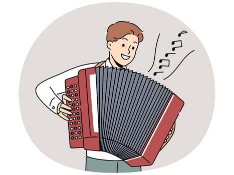 Smiling man playing on accordion. Happy male play music on traditional musical instrument. Entertainment and hobby. Vector illustration.