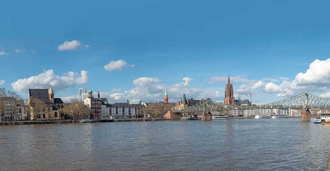 Frankfurt, Germany - April 10, 2022: view from Sachsenhausen to downtown Frankfurt overlooking river Main, Germany.