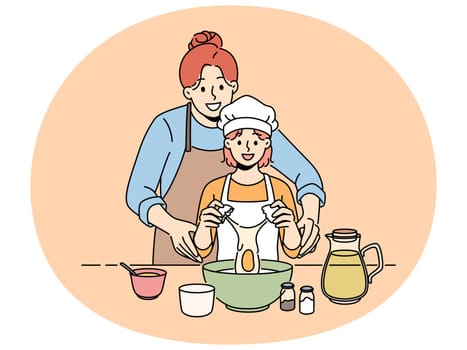 Smiling mother and little daughter cooking together at home. Happy mom learn baking with small girl child in kitchen. Family hobby. Vector illustration.