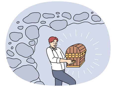 Smiling businessman with chest in hands excited with finding treasure. Happy man with wooden case or box overjoyed with treasury. Vector illustration.