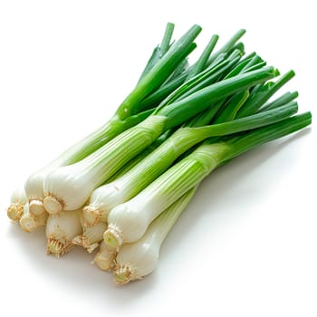 Fresh onion stems on white isolated background AI generated image