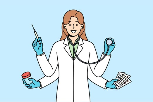 Multi-armed woman doctor is ready to simultaneously diagnose and treat patient who comes to clinic. Doctor with stethoscope and pills or syringe in hands smiles demonstrating high productivity