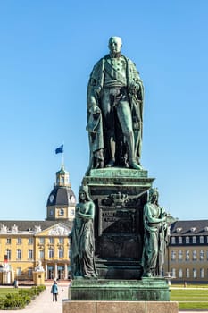 Karlsruhe, Germany - April 17, 2022: Carl Friedrich von Baden. Statue of founder of the City Karlsruhe, Baden-Wuerttemberg, Germany.
