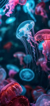 glowing sea jellyfishes on dark background, neural network generated art. Neural network generated in January 2024. Not based on any actual scene or pattern.