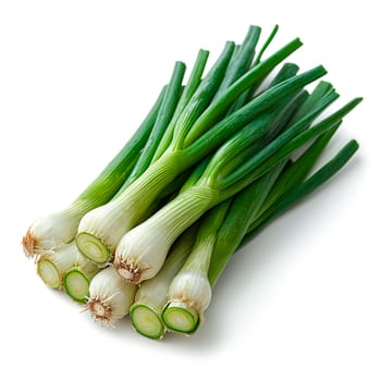 Fresh onion stems on white isolated background AI generated image
