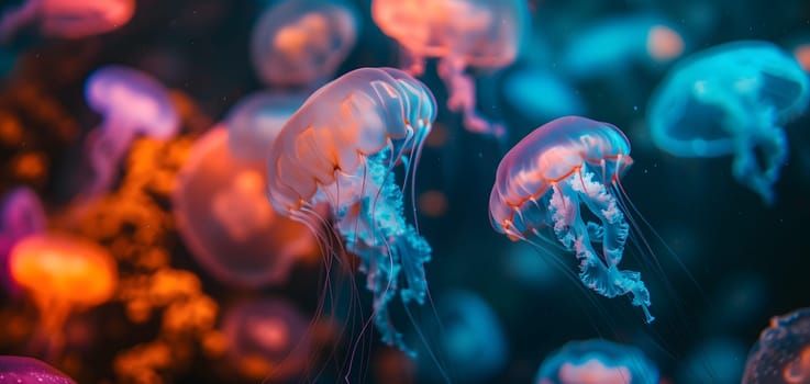 glowing sea jellyfishes on dark background, neural network generated art. Neural network generated in January 2024. Not based on any actual scene or pattern.