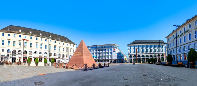 Karlsruhe, Germany - April 17, 2022: Karlsruhe Pyramid, city's founder grave, red sandstone monument located on market square of Karlsruhe  .