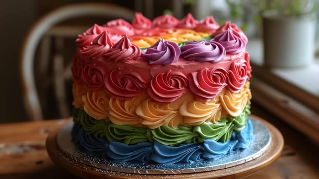 Rainbow LGBT flag colored cake on kitchen table. Neural network generated in January 2024. Not based on any actual scene or pattern.