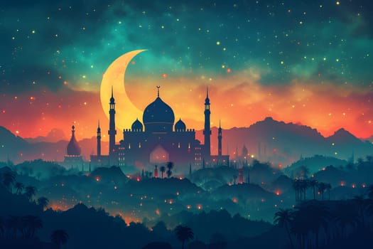 Ramadan mosque with night afterglow sky with crescent. Neural network generated in January 2024. Not based on any actual scene or pattern.