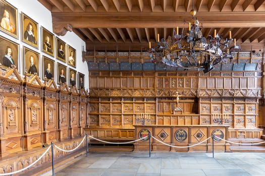 Muenster, Germany - April 30, 2022: scenic view to the room called Friedenssaal - engl: peace room - where the westphalia peace was signed in the medieval times.