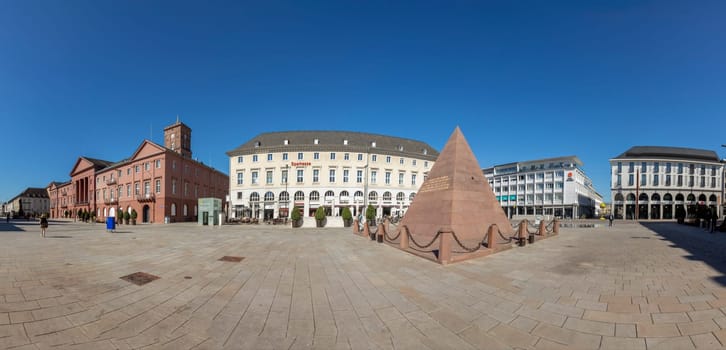 Karlsruhe, Germany - April 17, 2022: Karlsruhe Pyramid, city's founder grave, red sandstone monument located on market square of Karlsruhe.